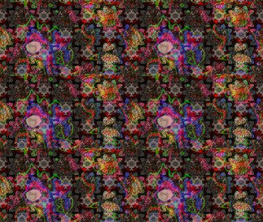 Çiçekli karalama şeklinde Raster çiçek deseni. Raster illüstrasyonu. Nazikçe, bahar çiçekleri siyah renklerde.