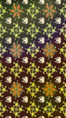 Raster. Kahverengi ve yeşil renkte güzel çiçekleri olan eskiz deseni, suluboya çiçek deseni, duvar kağıdı, kart veya kumaş için fayanslı..