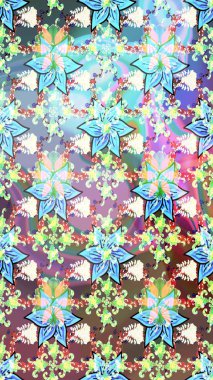 Tarafsız ve mavi renklerdeki çok renkli ve mavi zarif küçük çiçekler ve komik böcekler, raster desen, illüstrasyon.