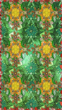 Raster deseni. Bahar çiçekleri dallı desen, yeşil renkler çiçekli siluet.