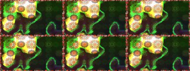 Ağaç dallı bahar çiçekleri ile desen, gri ve çiçek silueti ile yeşil renkler. Raster deseni.