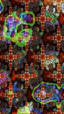 Retro tekstil tasarım koleksiyonu. Çiçekli ipek eşarp. Kahverengi ve siyah üzerine kahverengi ve siyah. El çizimi çiçek unsurları olan soyut çizim raster deseni. 1950 'ler-1960' lar motifleri.