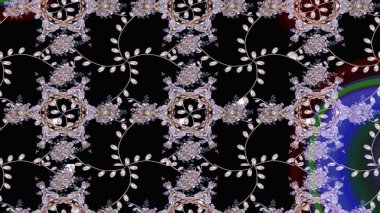 Çok renkli, zarif küçük çiçekler ve siyah renkli komik böcekler, raster desen, illüstrasyon..