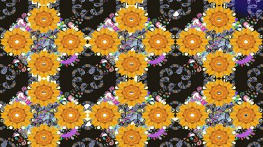 Düz Çiçek Elementleri Tasarımı. Renkli Yaz Temalı eskiz kalıbı. Raster çiçekli arka plan. Güzel eskiz şekli. Yazdır. Şirin kumaş deseni.