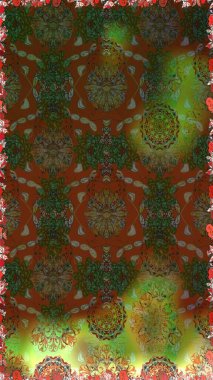 Raster illüstrasyonu. Kusursuz dekoratif arka plan, çiçek mandala. Kahverengi ve yeşil renklerde. Çiçek..