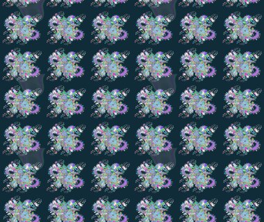 Mavi renkli bitkilerden oluşan parlak çiçekli çizim deseni.