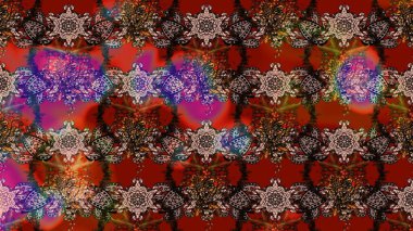 Çok kahverengi ve kırmızı zarif küçük çiçekler ve kahverengi ve kırmızı renkli komik böcekler, raster desen, illüstrasyon.