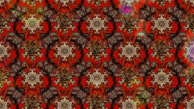 Raster illüstrasyonu. Kahverengi ve kırmızı renklere karalamalar çizilmiş çiçek deseni.