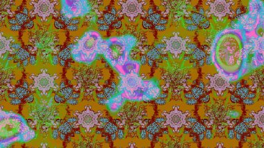 Kahverengi ve yeşil, zarif küçük çiçekler ve kahverengi ve yeşil renkli komik böcekler, raster desen, illüstrasyon.