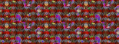 Çok renkli ve gri zarif küçük çiçekler ve kırmızı ve gri renkli komik böcekler, raster desen, illüstrasyon.