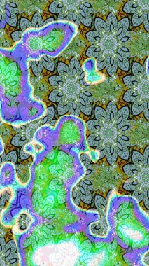 Asya tekstil tarzında. Çiçek desenli çizim. Raster illüstrasyonu. Raster illüstrasyonu. Yeşil ve mavi renkte çiçekler.