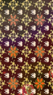 Kahverengi ve mor renkli bitkilerden oluşan parlak çiçekli çizim deseni.