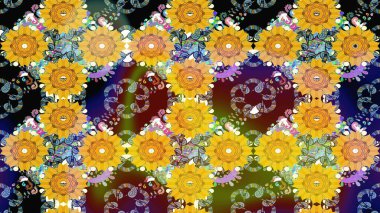 Çiçeksel elementlerle süslenmiş zarif raster dokusu. Parlak çiçekli sarı renkler üzerine soyut çizim deseni. Küçük çiçekte şirin bir çiçek deseni var..