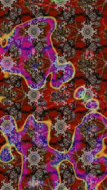 Raster - stok. Yapraklı çiçekler ve kahverengi ve kırmızı renklerde papatya çiçekleri. Taslak arkaplan deseni.