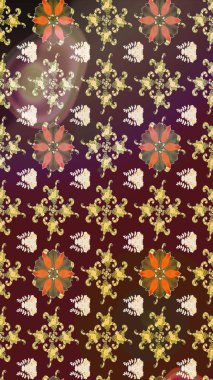 Raster illüstrasyonu. Suluboya çiçekli çiçek deseni. Kahverengi ve mor renkli Asya tekstili.