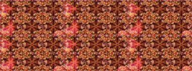 Doğum günü kartı, davetiye ya da afiş için iyidir. Kusursuz ortaçağ çiçek deseni. Kahverengi ve kırmızı renklerde altın. Raster illüstrasyonu. Dekoratif simetri arabesk.