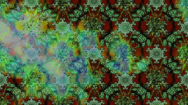 Raster Floral Illustration, Asyalı tekstil. Yeşil ve gri renkte etnik çiçeklerle süslenmiş zarif bir eskiz..