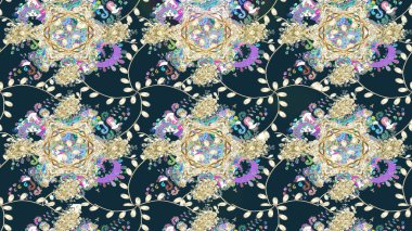 Raster illüstrasyonu. Güzel, parlak, pürüzsüz kumaş, tuval. Eski moda arka plan. Çiçek çelengi. Desen, çizim, çiçek sınırı. Kıvırcık, parlak örgü.