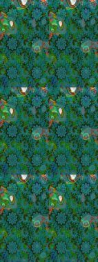 Eskiz arkaplan modeli. Vadinin yeşil ve mavi renkli çiçekleri. Suluboya, elle çizilmiş. Raster - stok.