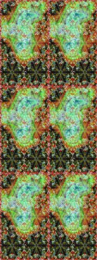 Çiçek süsü kumaş deseni, cam, çiçek desenli metal yeşil ve nötr renklerde altın elementler. Klasik raster altın pürüzsüz desen.