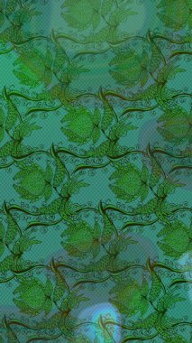 Çiçekler. Vadinin yeşil ve mavi renkli çiçekleri. Soyut etnik raster çizim kalıbı.