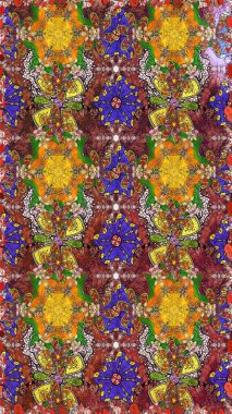 Çiçek desenli çizim. Raster illüstrasyonu. Asya tekstil tarzında. Kahverengi ve sarı renkli çiçekler. Raster illüstrasyonu.