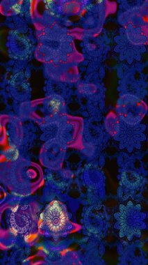 Nakış desenli çiçek deseni. Parmak izi, kumaş, duvar kâğıdı, tekstil için raster dokusu. Renkli grunge, soyut arkaplanı kolomavi ve siyah çiçeklerle zenginleştir.