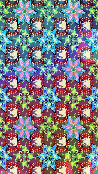 Raster illüstrasyonundaki çiçek desenli çizim. Suluboya tarzında mavi ve mor renkte çiçekler.