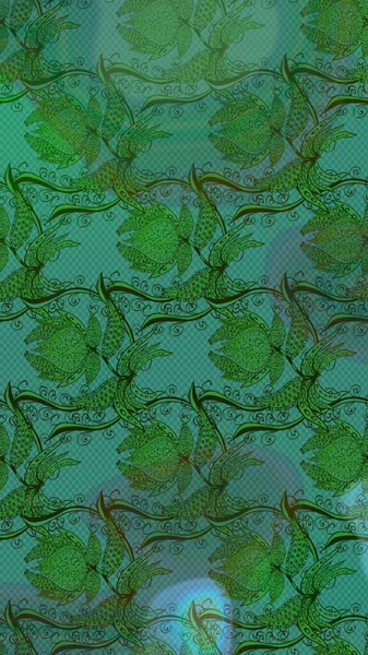 Çiçekler. Vadinin yeşil ve mavi renkli çiçekleri. Soyut etnik raster çizim kalıbı.