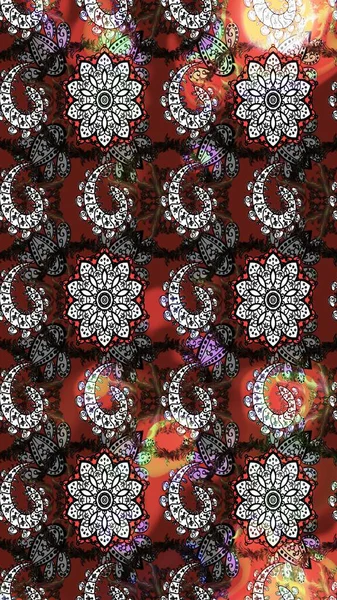 Üzerinde gelincikler ve vadi zambakları olan renkli çiçek desenli nakış deseni. Tekstil tasarımı için gri ve kahverengi renkli geleneksel halk çiçekleri..