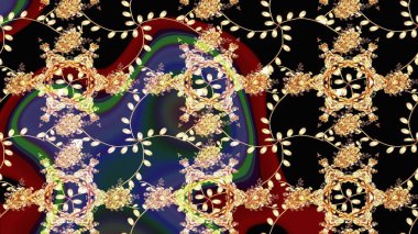 Tekstil için suluboya eskiz deseni. Şirin çiçekli, desenli, siyah renkli renkli bir eskiz. El çizimi çiçek çizimi deseni (fayans)).