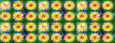 Yeşil ve sarı çiçekli eskiz deseni, suluboya çiçek deseni, sevimli çiçek, duvar kağıdı, kart veya kumaş için fayanslı. Raster - stok.