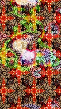 Embroidery colorful floral sketch pattern with poppies and lilies of the valley. Raster traditional folk flowers bouquet on beige and red colors for textile design.