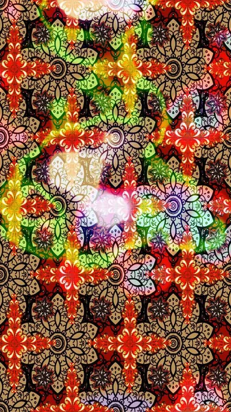 Embroidery colorful floral sketch pattern with poppies and lilies of the valley. Raster traditional folk flowers bouquet on beige and red colors for textile design.