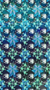 Mavi ve gri üzerine mavi ve gri. El çizimi çiçek unsurları olan soyut çizim raster deseni. 1950-1960 motifleri. Çiçekli ipek eşarp. Retro tekstil tasarım koleksiyonu.