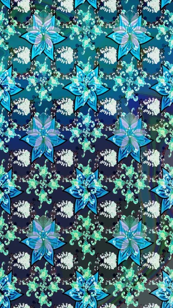 Mavi ve gri üzerine mavi ve gri. El çizimi çiçek unsurları olan soyut çizim raster deseni. 1950-1960 motifleri. Çiçekli ipek eşarp. Retro tekstil tasarım koleksiyonu.