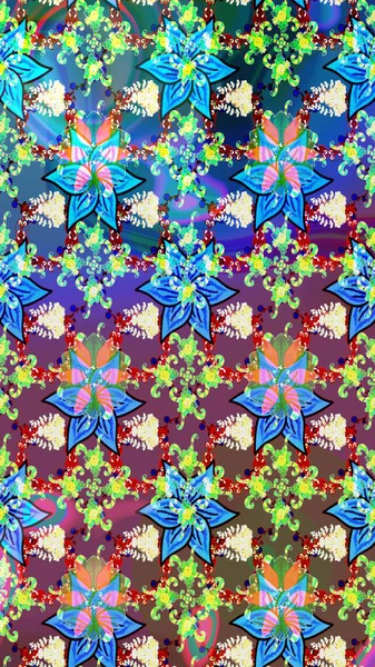 Mavi ve mor çiçekli bahar çiçekleri. Küçük çiçekte güzel bir desen. Moda baskıları için zarif bir şablon. Küçük renkli çiçekler. Motley illüstrasyonu.