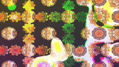 Raster illüstrasyonu. Raster deseni. Patlayan çiçekler soyut olarak yerleştirilmiş. Kahverengi ve yeşil renklerde bahar çiçekleri..