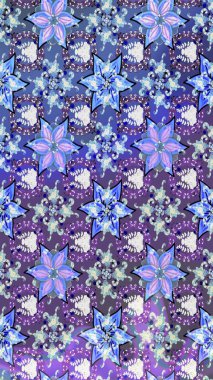 Raster illüstrasyonu. Mor ve mavi renkte çiçekler. Robot resim. Şirin çiçek elementleri..