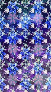 Mavi renkli çiçekler. Raster illüstrasyonu. El çizimi çiçekli soyut çizim deseni.