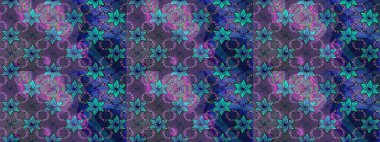 Raster illüstrasyonu. Mavi ve menekşe renkleri üzerine karalamalar çizilmiş çiçek deseni.