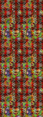 Kırmızı ve kahverengi renkte çiçekler. Raster illüstrasyonu. Asya tekstil tarzında. Çiçek desenli çizim. Raster illüstrasyonu.