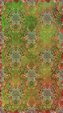 Tekstil, kumaş, kapaklar, duvar kağıtları, baskı, naylon, yapıştırma, örgü, dekupaj için çiçeksiz arkaplan. Küçük kahverengi ve yeşil renkte güzel bir besin torbası deseni, çiçekler. Millefleurlar