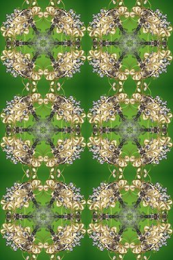 Yeşil, bej, nötr renklerde raster altın desen. Altın kar taneleri basit, pürüzsüz desen. Soyut duvar kâğıdı, ambalaj dekorasyonu. Kışın sembolü, Mutlu Noel tatili, Mutlu yıllar 2019