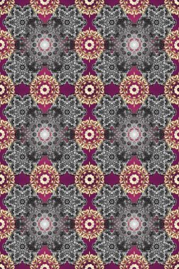 Gri, mor ve bej renklerde altın elementlerle kusursuz desen. Kusursuz altın desen. Raster doğulu süsü.