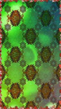 Raster - stock. Seamless background pattern. Flowers with leaves and chamomile with cornflowers on green and brown colors.