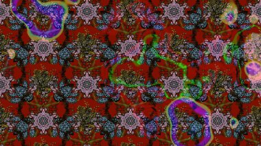 Eskiz arkaplan modeli. Raster - stok. Yapraklı çiçekler ve kırmızı ve kahverengi renkli papatya çiçekleri..