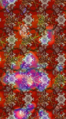 Kahverengi ve kırmızı renklerde Asya tekstili. Raster illüstrasyonu. Suluboya çiçekli çiçek deseni.