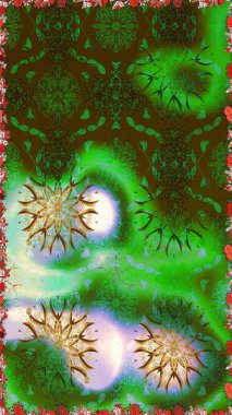 Raster illüstrasyonunda kusursuz çiçek deseni. Yeşil ve kahverengi renkte çiçekler.