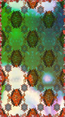 Raster illüstrasyonu. Yeşil ve kahverengi kıvırcık çiçekler yeşil ve kahverengi renklerde şekillenirler. Klasik çiçek tasarım elementleri.